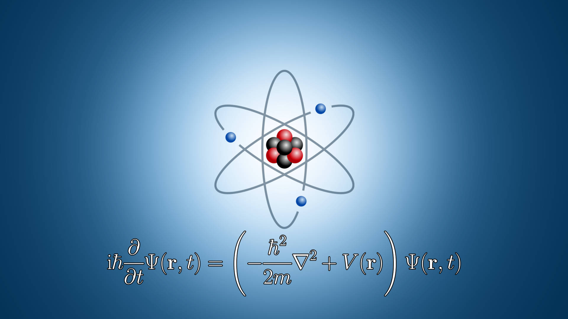 Atom diagram with electron orbits above the Schrödinger equation